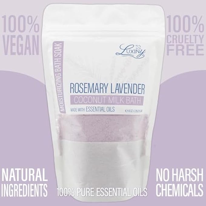 Luxiny Vegan Milk Bath Soak Made with Moisturizing Coconut Milk Powder, Essential Oil, & Sweet Almond Oil for a Bath Bomb Dust Soothing Fizz & Relaxing Soak, 8 oz. (Rosemary Lavender) - Image 2